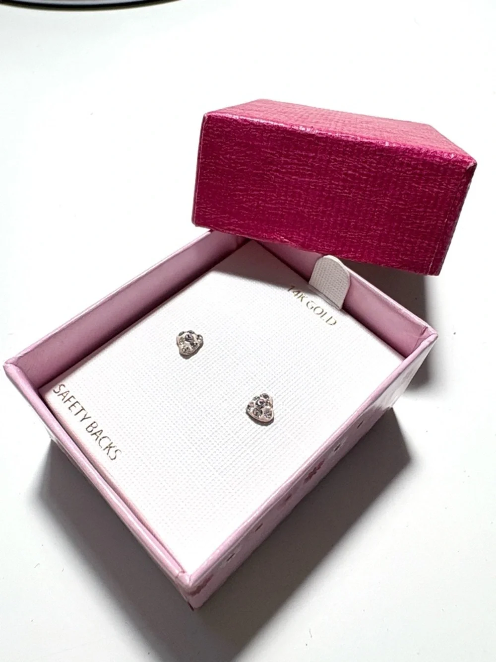 14K Gold Kids Heart Stud Earrings with Crystals - White Gold